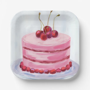 Roze Kersen Cake Waterverf Viering Feest Papieren Bordje