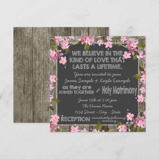 Roze Kersen Rustieke Schuur Hout Krijt Huwelijk Kaart (Voorkant / Achterkant)