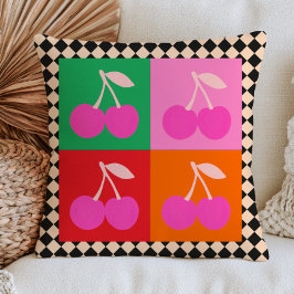 Roze Kersen Vruchten op Geruite Patroon Pop Art Kussen