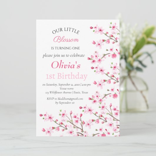 Roze Kersenbloesem 1e Verjaardag Bloemen Kaart (Staand voorkant)