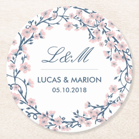 Roze Kersenbloesem Bloem Bruiloft Feest Onderzette Ronde Kartonnen Onderzetter (Voorkant)