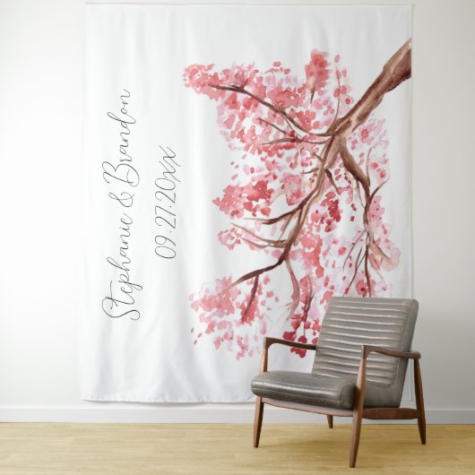 Roze Kersenbloesem Bloemen Bruiloft Fotocabine Wandkleed (In situ)