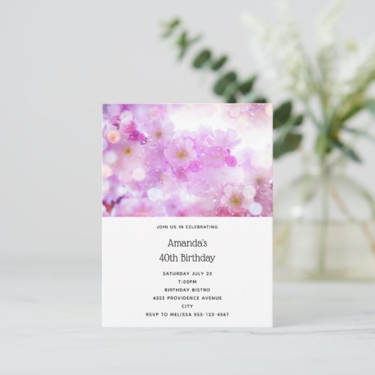 Roze Kersenbloesem Bloemen Foto Verjaardag Uitnodiging Briefkaart (Staand voorkant)