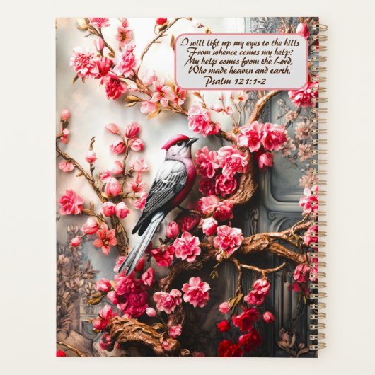 Roze Kersenbloesem Bloemen Met Vogel & Bijbelvers Planner (Achterkant)