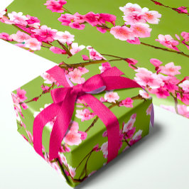 Roze Kersenbloesem Bloemen op Chartreuse Groen Cadeaupapier