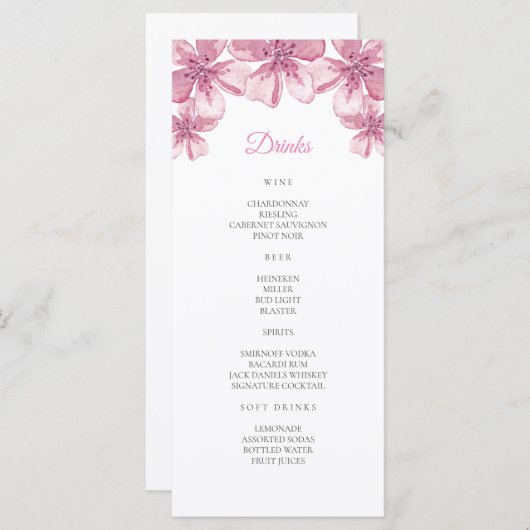 Roze kersenbloesem. Bloemenbruiloft Bar Menu (Voorkant / Achterkant)