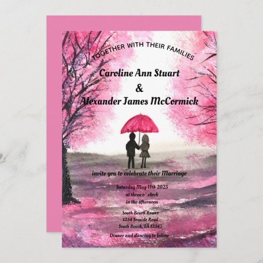 Roze Kersenbloesem bloemenpaar Bruiloft Kaart (Voorkant / Achterkant)