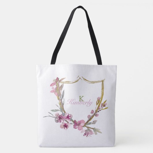 Roze Kersenbloesem Bloemige Initiële Naam Monogram Tote Bag (Voorkant)