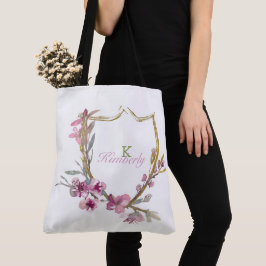 Roze Kersenbloesem Bloemige Initiële Naam Monogram Tote Bag