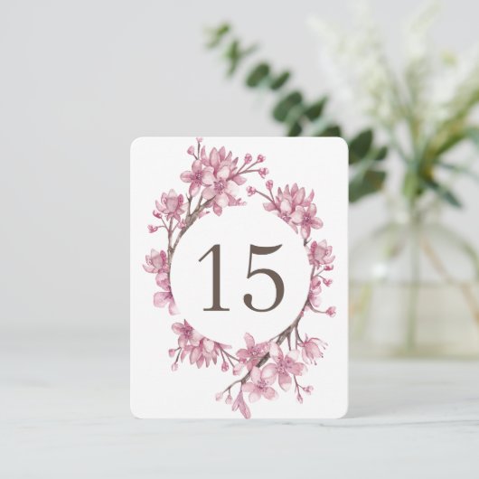 Roze kersenbloesem. Bloemige tafel nummers voor he Kaart (Staand voorkant)