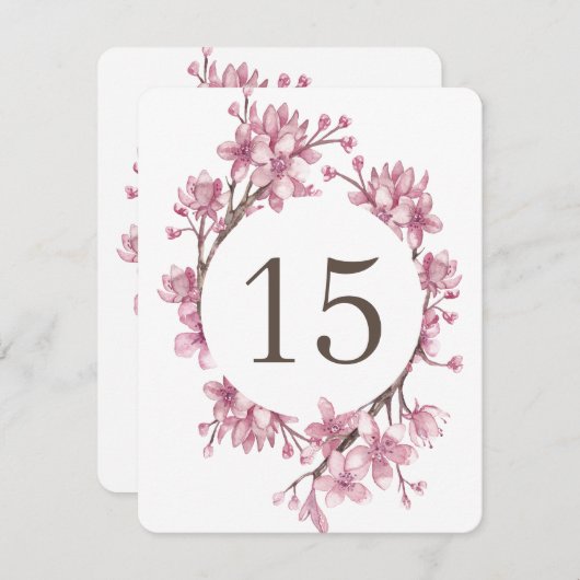 Roze kersenbloesem. Bloemige tafel nummers voor he Kaart (Voorkant / Achterkant)