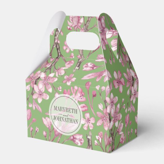 Roze Kersenbloesem Bloemmotief Gedrukt Groene Favo Bedankdoosjes (Achterkant)