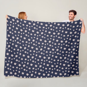 Roze Kersenbloesem Bloempatroon op Donkerblauw Fleece Deken