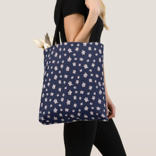 Roze Kersenbloesem Bloempatroon op Donkerblauw Tote Bag