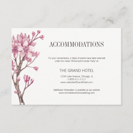 Roze Kersenbloesem Bloemstuk Accommodaties Informatiekaartje (Voorkant)