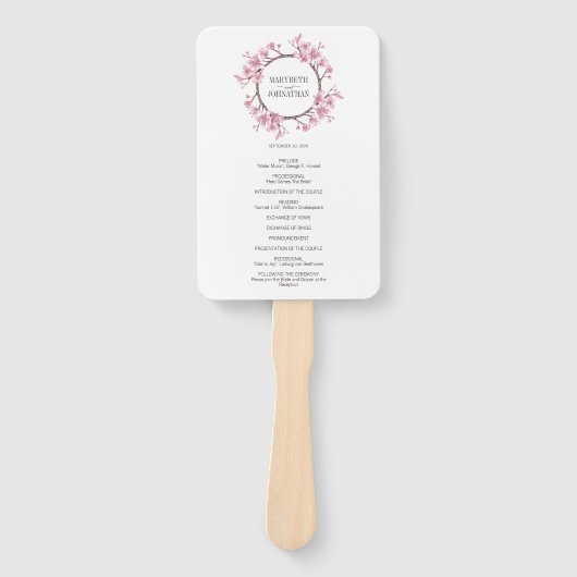 Roze Kersenbloesem Bloemstuk Bruiloftsprogramma Handwaaier (Voorkant)
