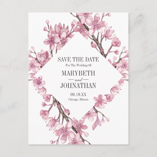 Roze Kersenbloesem Bloemstuk Save The Date Uitnodiging Briefkaart (Voorkant)