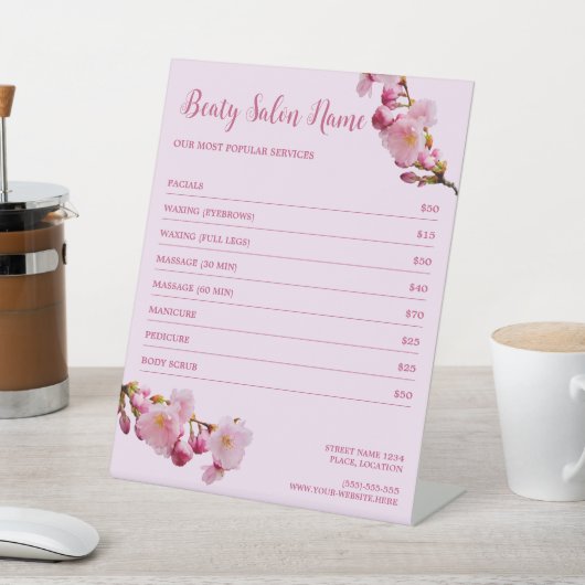 Roze Kersenbloesem Bloesem Spa Diensten Prijslijst Reclamebord Met Voetstuk (Insitu)
