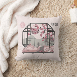 Roze kersenbloesem bonsai Aziatisch grafisch ontwe Kussen