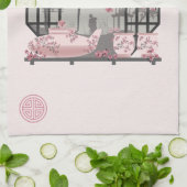 Roze kersenbloesem bonsai Aziatisch grafisch ontwe Theedoek (Gevouwen)