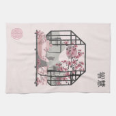 Roze kersenbloesem bonsai Aziatisch grafisch ontwe Theedoek (Horizontaal)