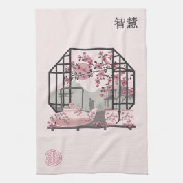 Roze kersenbloesem bonsai Aziatisch grafisch ontwe Theedoek