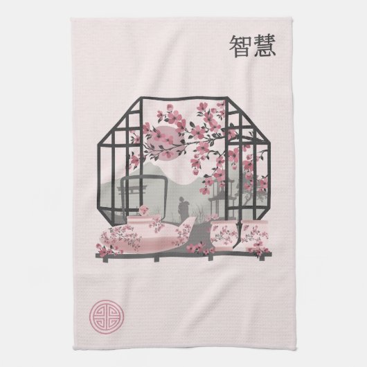 Roze kersenbloesem bonsai Aziatisch grafisch ontwe Theedoek (Verticaal)