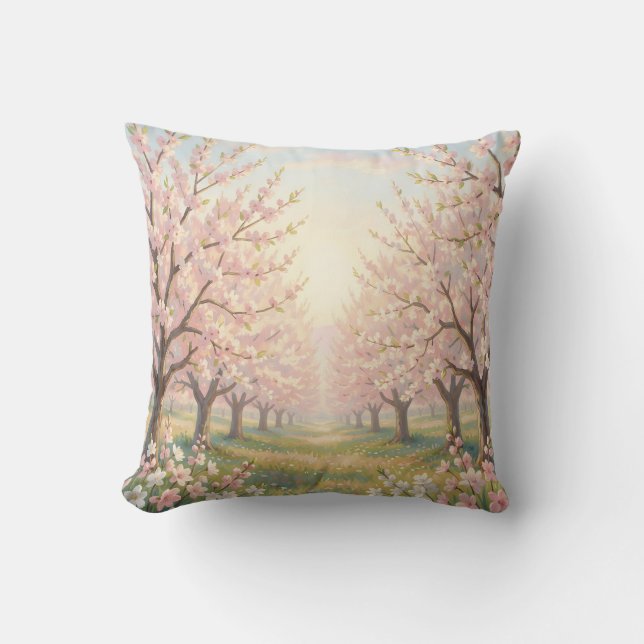 Roze Kersenbloesem Boomgaard Lente Landschap Kussen (Voorkant)