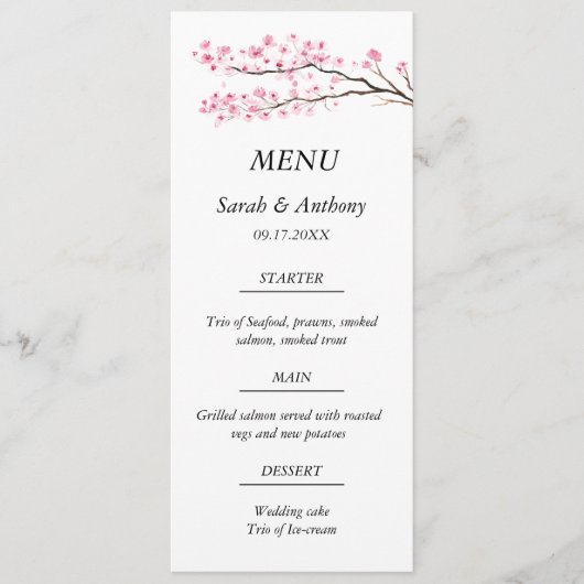 Roze Kersenbloesem Botanische Bloemen Bruiloft Voe Menu (Voorkant)