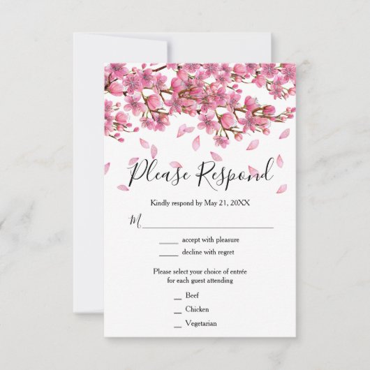 Roze Kersenbloesem Bruiloft RSVP Kaartje (Voorkant)