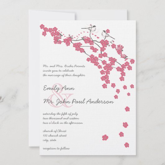 Roze Kersenbloesem Chickadee bruiloft Kaart (Voorkant)