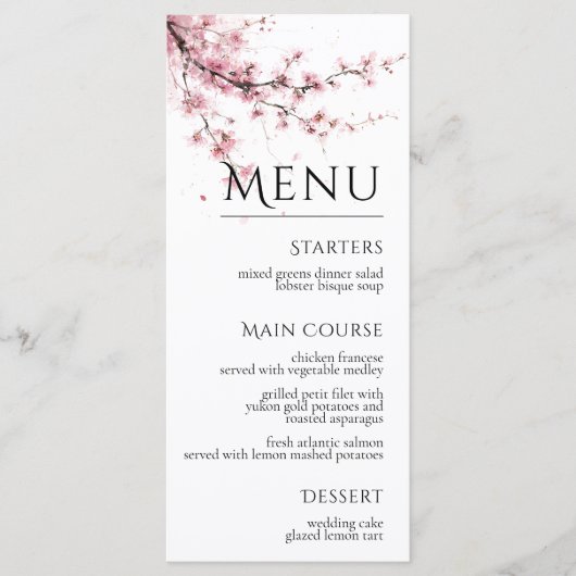 Roze Kersenbloesem Elegante Bloemige Bruiloft Menu (Voorkant)