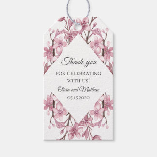 Roze kersenbloesem. Floral bruiloft dank u Cadeaulabel