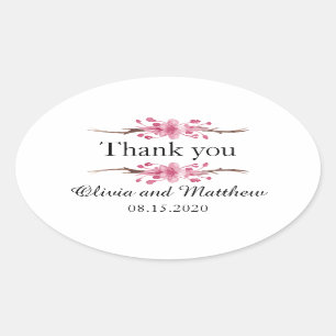 Roze kersenbloesem. Floral bruiloft dank u Ovale Sticker