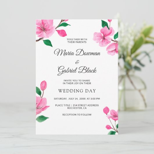 Roze kersenbloesem. Floral lente bruiloft Kaart (Staand voorkant)