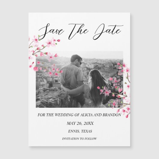 Roze Kersenbloesem Foto Bruiloft Script Magneet (Voorkant)