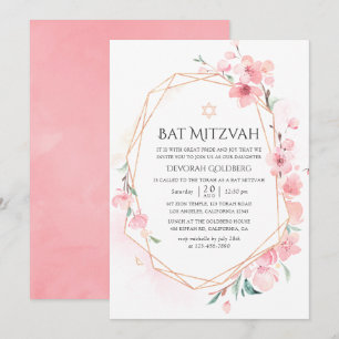 Roze Kersenbloesem Geometrische Bat Mitzvah Kaart