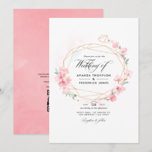 Roze Kersenbloesem Geometrische QR Code RSVP Huwel Kaart
