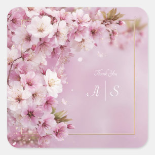 Roze Kersenbloesem Gouden Lijst Elegante Trouwdag Vierkante Sticker