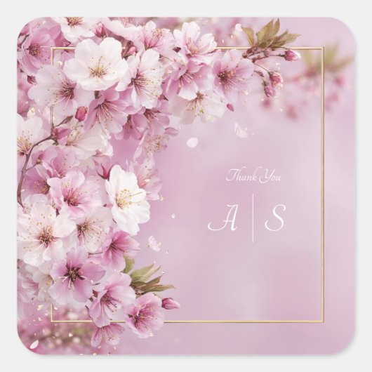 Roze Kersenbloesem Gouden Lijst Elegante Trouwdag Vierkante Sticker (Voorkant)