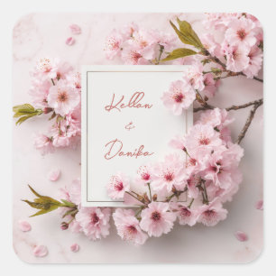 Roze Kersenbloesem Gouden Marmer Vierkante Trouwfe Sticker