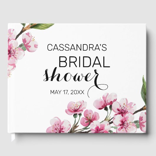 Roze Kersenbloesem Groen Bruids Shower  Gastenboek (Voorkant)