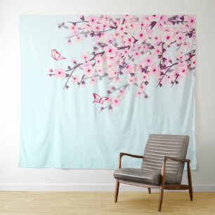 Roze Kersenbloesem Illustratieve Landschap Wandkleed
