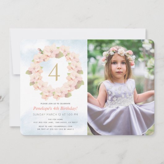 Roze Kersenbloesem Krans Meisje Foto Verjaardag Kaart (Voorkant)