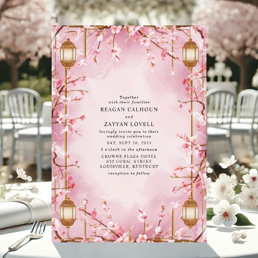 Roze Kersenbloesem Lantaarn bruiloft Kaart