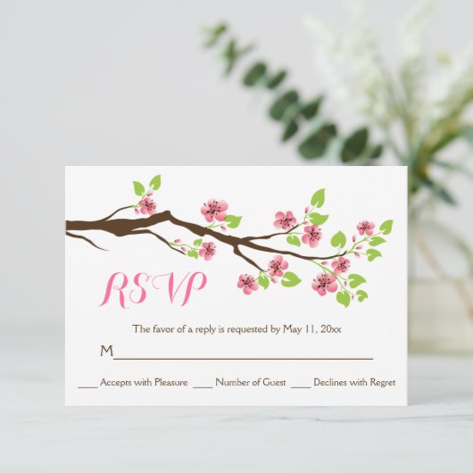 Roze kersenbloesem lente bruiloft RSVP (Staand voorkant)