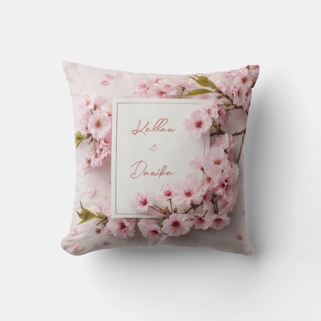 Roze Kersenbloesem Marmer Vierkant Frame met Goude Kussen (Voorkant)