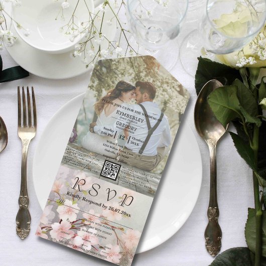 Roze Kersenbloesem Mauve Foto QR Code Website All In One Uitnodiging