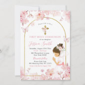 Roze Kersenbloesem Meisje Knielend Eerste Communie Kaart (Voorkant)