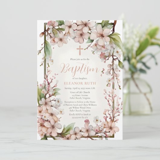 Roze Kersenbloesem Meisje Lente Bloemend Doop Kaart (Staand voorkant)